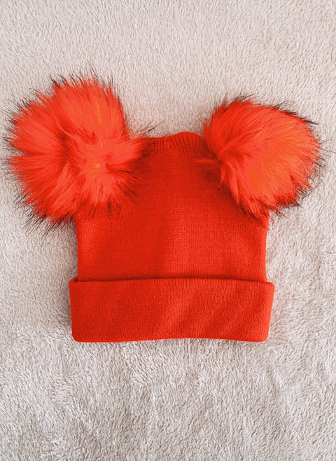 Red Double Pom Pom Beanie Hat